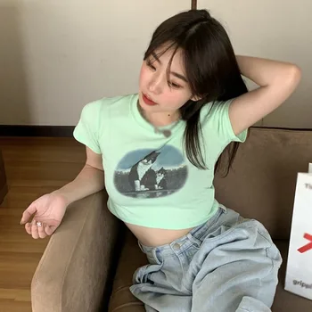 Korejas Modes Print T-Krekli, Sieviešu O Kakla Slim Pakļauti Naba Vasaras Īsām Piedurknēm T Krekls Pluse Izmēra Topi