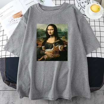 Slavenā Glezna Mona Lisa Cat Sieviešu T-Krekls korejiešu Stilā Casual T Krekli 2021. Gada Vasarā Atdzesē T Krekls Modes Ins Tees Sievietēm