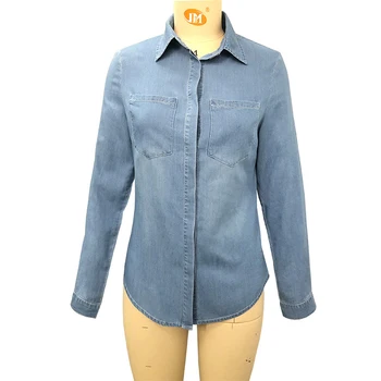 Rudens Slim Kabatas Džinsa Krekls Vienu Krūtīm, Savukārt Apkakle Streetwear Sieviešu Gadījuma garām Piedurknēm Ir 2021. Modes Zils Tops