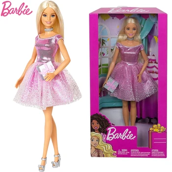 Sākotnējā Barbie Happy Birthday Lelle Blondīne Valkā Shimmery Rozā Puse Kleita Tautas Rotaļlietu Meitenēm Bērniem Dzimšanas dienas Dāvanu GDJ36