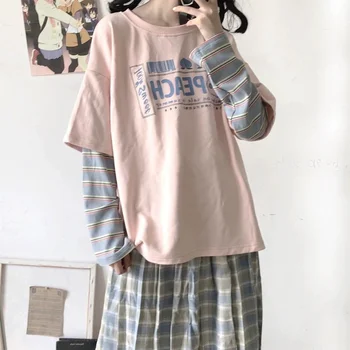 QWEEK Kawaii Viltus Divas Gabals T-krekls Sievietēm Ir 2021. Japāņu Streetwear Long Sleeve Tee Sieviešu Topi Svītrainām Gudrs Alt Drēbes Rudens