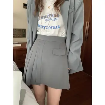 Sieviešu Asimetrisks Tērps-Svārki Ir 2021. Rudens korejiešu Stilā, ar Augstu Vidukļa Svārki Sieviešu Koledžas Stila Kroku Mini Svārki