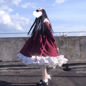 Lolita Red garām piedurknēm, Svārki Loli Liela Daļa Studentu Gudrs garām piedurknēm Japāņu Kawaii Kleita Ir 2021. Jaunu Ziemassvētku Vintage Kleita