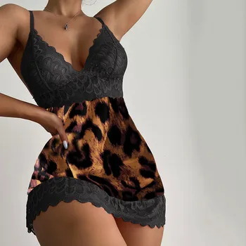 Leopard Mežģīnes Sexy V-veida kakla Siksna Nakts Kleita Jutekliska Apakšveļa Sievieti Pārredzamu Erotiska Apakšveļa Seksīgu Babydoll Sleepwear Plus Lieluma