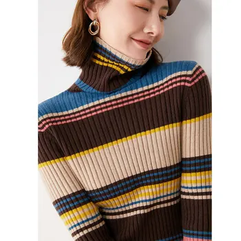 Foreacha Rudens Sieviešu augstu uzrullētu apkakli īss džemperis ar augstu elastību, mīksta zaudēt svītrainām liela izmēra sieviešu trikotāžas tops tröjor