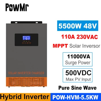 PowMr 5500VA 5500W Saules Inverter AC 220V DC 48VDC MPPT 110.A 500VDC PV Ieejas 3500W Pure Sine Wave Hibrīda Inverter Atbalsta WiFI