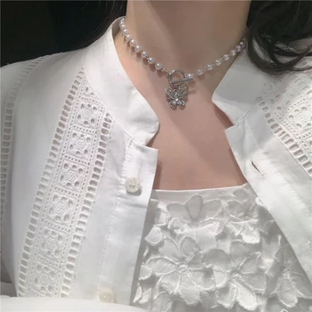 Spīguļi, Rhinestone Tauriņš Pērļu Kaklarotu Sieviešu Modes Elegants Temperaments Clavicle Ķēdes sānslīdi kaklasaite Rotaslietas