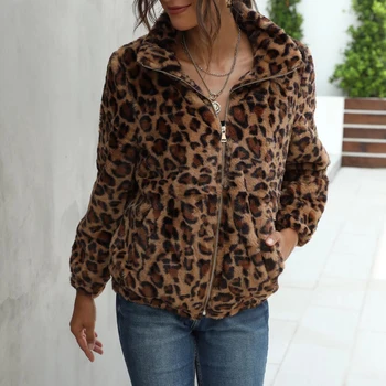 PUWD Gadījuma Sievietes Leopards Drukāt Plīša Jaka Ir 2021. Rudens Ziemas Retro Augstās Ielu Modes Mētelis Tendence Zaudēt Sieviešu Bieza Outwear
