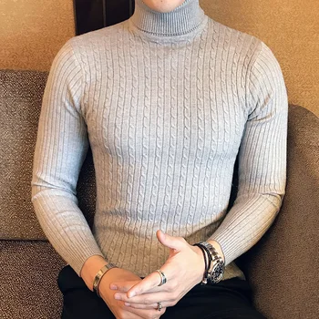 Ir 2021. Korejas Slim Tīrtoņa Krāsu Augstu Uzrullētu Apkakli Džemperi, Vīriešu Ziemas Garām Piedurknēm Silts Adīt Džemperis Klasiskā Cietā Gadījuma Zemāko Krekls