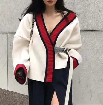Rudens, ziemas jaunas krāsu kontrastu mazo smaržas trikotāžas jaka bat piedurknēm sievietēm slinks V-veida Kakla modes sieviešu džemperis