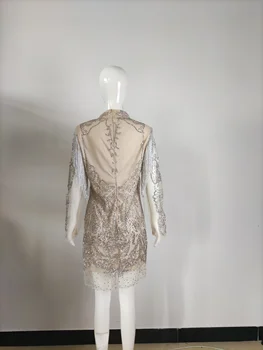 Rhinestones mini kleita mirdzoša kristāli augstas kaklu garām piedurknēm caurspīdīga sudraba sieviešu vakarā pušķi puse kleita