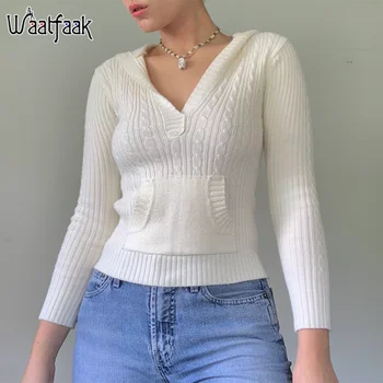Waatfaak Gadījuma Vilkt Baltu Džemperis ar garām Piedurknēm, V veida Kakla 90S Retro Trikotāžas Džemperis Sieviešu Ziemas Pamata Džemperis Modes Trikotāža 2021
