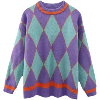 Atšķirībā dimanta pārbaudīt džemperis sieviešu Džemperis rudens un ziemas jauno zaudēt retro slinks vēja trikotāžas purpura mētelis fashion